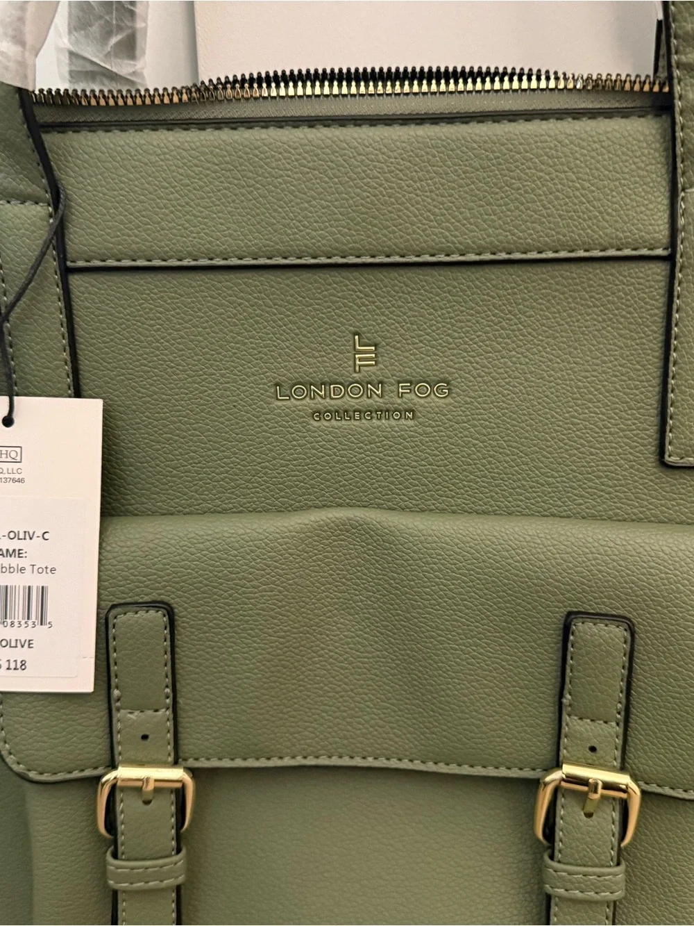 London Fog Olive Green Structured Tote with Front Buckle Pocket